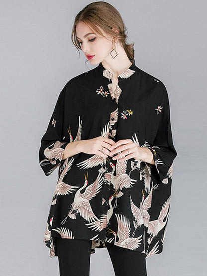 Original Crane Printed Buttoned Stand Collar Half Sleeves Blouse by migunica