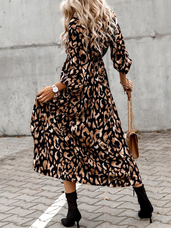 Vacation Loose Long Sleeves Split-Side Leopard V-Neck Midi Dresses by migunica