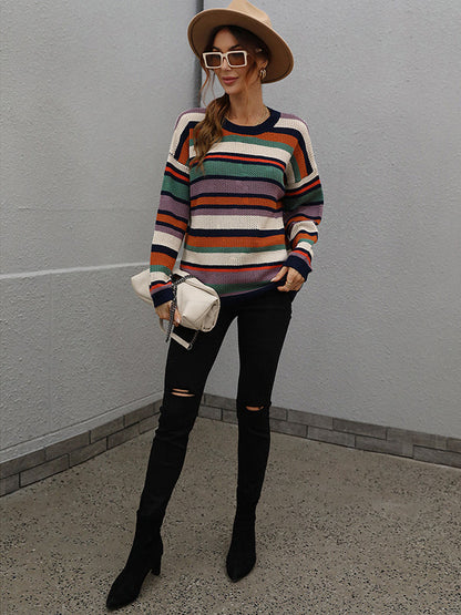 Original Long Sleeves Loose Contrast Color Striped Round-Neck Sweater Tops by migunica