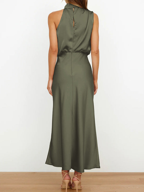 Sleeveless Solid Color Halter-Neck Midi Dresses by migunica