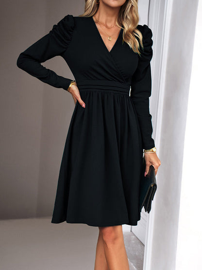 Puff Sleeves Skinny Pleated Solid Color Split-Joint V-Neck Midi Dresses by migunica