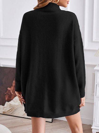 Long Sleeves Loose Solid Color Split-Front Velvet Mock Neck Pullovers Sweater Tops by migunica