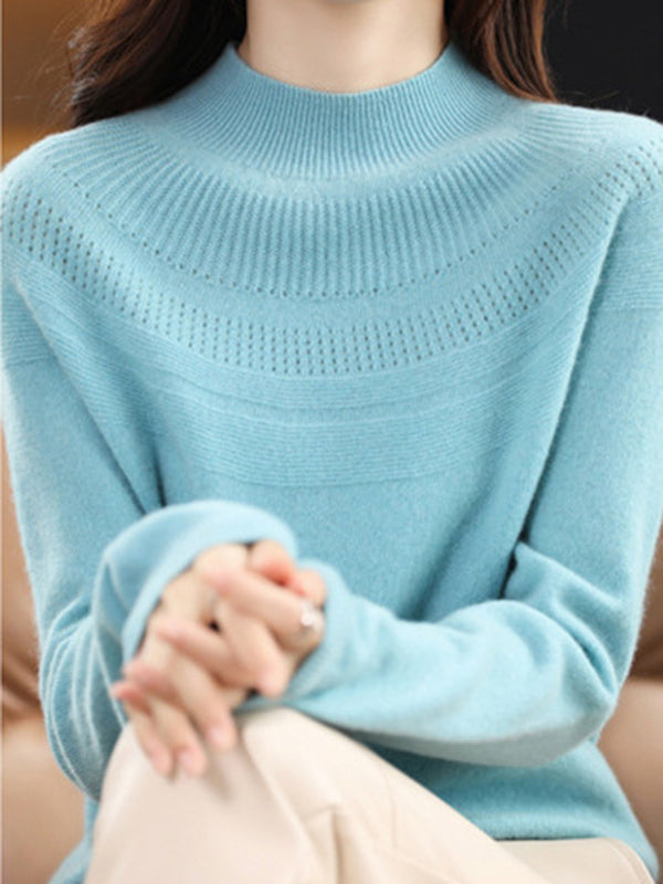 Office Raglan Sleeve Hollow Solid Color High-Neck Sweater Tops by migunica