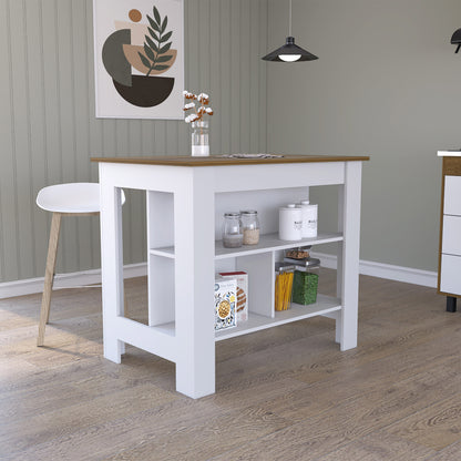 Cala Kitchen Island, Four Legs, Three Shelves  -White / Walnut