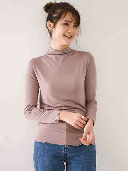 10 Colors Simple Solid Color Long Sleeves High-Neck T-Shirt Top by migunica