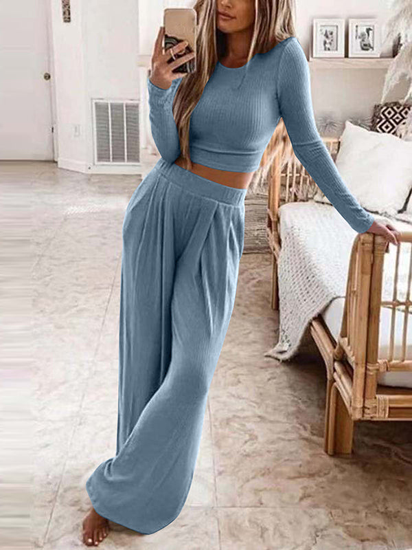 Plus Size Solid Color Round-Neck Long Sleeves Shirts Top + Pants Bottom Two Pieces Set by migunica