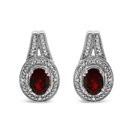 .925 Sterling Silver Diamond Accent and 8x6mm Red Oval Garnet Stud Earrings (I-J Color, I1-I2 Clarity) by Infinite Jewels