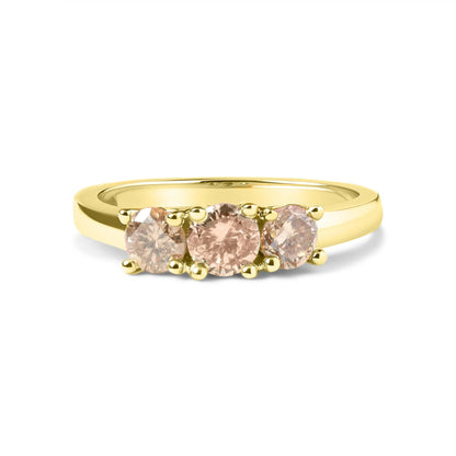 10K Yellow Gold 1.00 Cttw Champagne Diamond 3-Stone Band Ring (J-K Color, I1-I2 Clarity) by Infinite Jewels