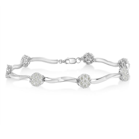 .925 Sterling Silver 1.0 Cttw Diamond Cluster Miracle-Set Station & Twisted Bar 7" Tennis Bracelet (H-I Color, I1-I2 Clarity) by Infinite Jewels