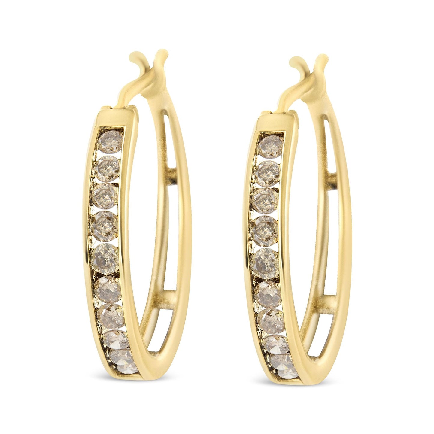 14K Yellow Gold Plated .925 Sterling Silver 1.0 Cttw Channel Set Champagne Diamond Hoop Earrings with Snap Post (K-L Color, I1-I2 Clarity) by Infinite Jewels