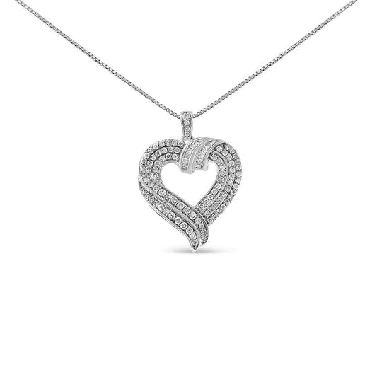 .925 Sterling Silver 1.00 Cttw Baguette Diamond Composite Open Heart 18" Inch Pendant Necklace (I-J Color, I1-I2 Clarity) by Infinite Jewels