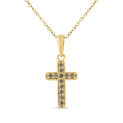 10K Yellow Gold Flashed .925 Sterling Silver 1/4 Cttw Champagne Diamond Cross Pendant Necklace (K-L Color, I1-I2 Clarity) - 18" by Infinite Jewels