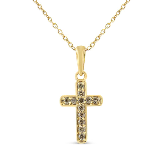 10K Yellow Gold Flashed .925 Sterling Silver 1/4 Cttw Champagne Diamond Cross Pendant Necklace (K-L Color, I1-I2 Clarity) - 18" by Infinite Jewels