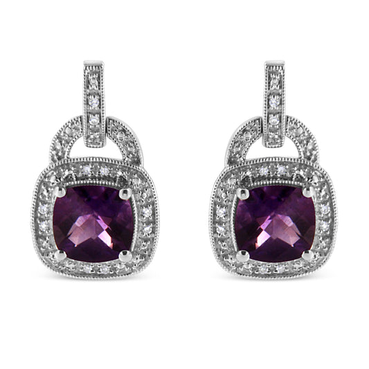 .925 Sterling Silver 8MM Natural Cushion Shaped Amethyst and Diamond Accent Halo with Push Back Dangle Earrings (I-J Color, I2-I3 Clarity) by Infinite Jewels