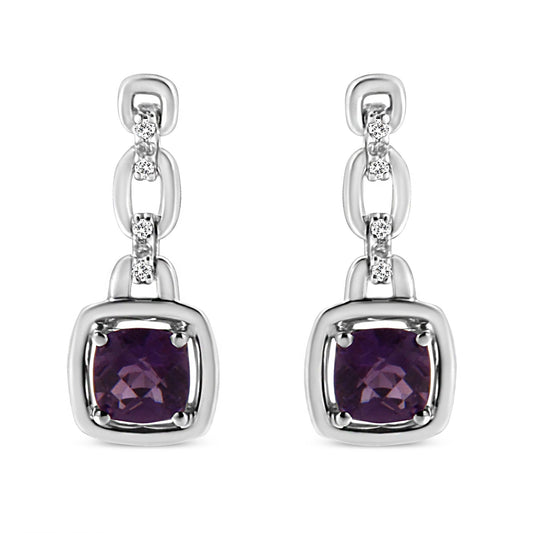 .925 Sterling Silver 6x6MM Cushion Shaped Natural Purple Amethyst and Diamond Accent Drop and Dangle Earrings (I-J Color, I1-I2 Clarity) by Infinite Jewels