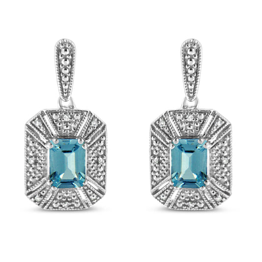 .925 Sterling Silver 7x5MM Emerald Shape Blue Topaz and Diamond Accent Art Deco Halo Style Drop and Dangle Earrings (I-J Color, I1-I2 Clarity) by Infinite Jewels