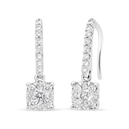 14K White 1/2 Cttw Round Diamond Halo Dangle Hook Earring - (H-I Color, SI2-I1 Clarity) by Infinite Jewels