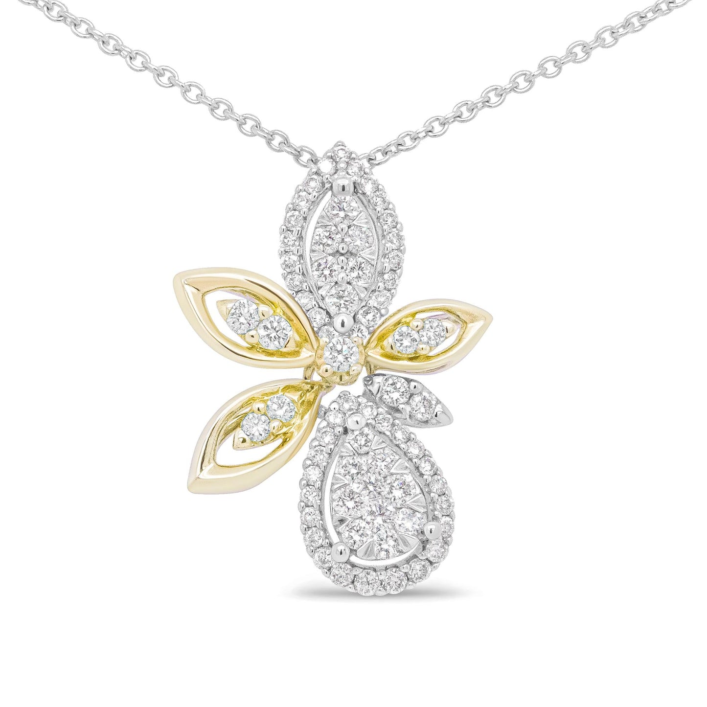 14K White and Yellow Gold 5/8 Cttw Round Diamond Marquise Floral Style 18" Pendant Necklace (H-I Color, I1-I2 Clarity) by Infinite Jewels