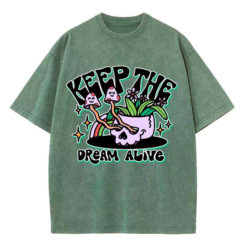 Unisex Keep The Dream Alive Printed Retro Washed Short Sleeved T-Shirt by migunica