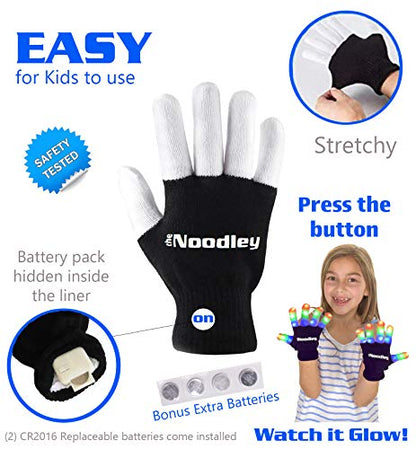 2 Pairs LED Gloves Light up Toys for Boys & Girls Cool Gifts for Kids & Teens - Extra Batteries by The Noodley