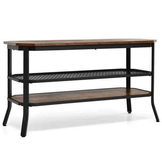 3-tier Console Table TV Stand with Mesh Storage Shelf-Rustic Brown by VYSN