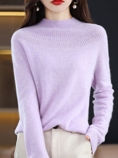 Office Raglan Sleeve Hollow Solid Color High-Neck Sweater Tops by migunica