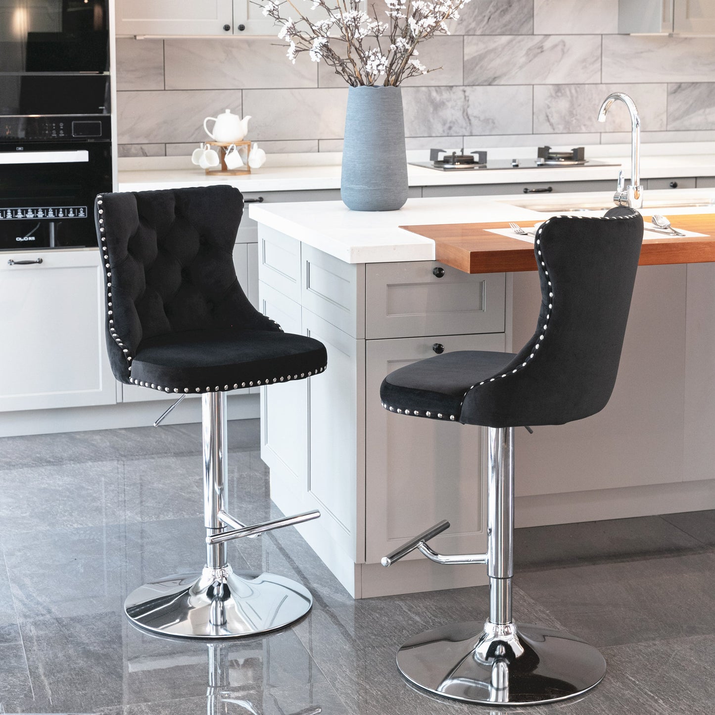A&A Furniture,Swivel Velvet Barstools Adjusatble Seat Height from 25-33 Inch, Modern Upholstered Chrome base Bar Stools with Backs Comfortable Tufted for Home Pub and Kitchen Island（Black,Set of 2）