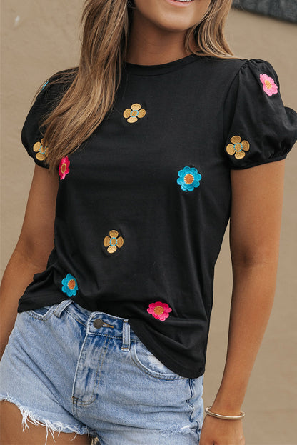 Oaklyn Embroidered Flower Short Puff Sleeve Tee by Threaded Pear