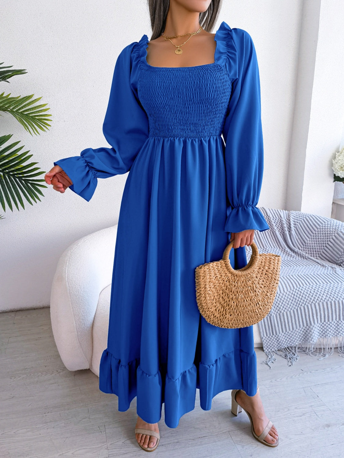 Smocked Square Neck Flounce Sleeve Dress by BlakWardrob