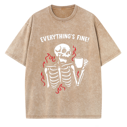 Unisex Everything's Fine Skull Letter Printed Retro Washed Short Sleeved T-Shirt by migunica