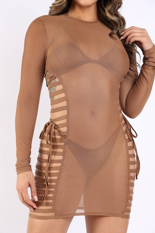 Strappy side detailed mesh cover up and bikini set