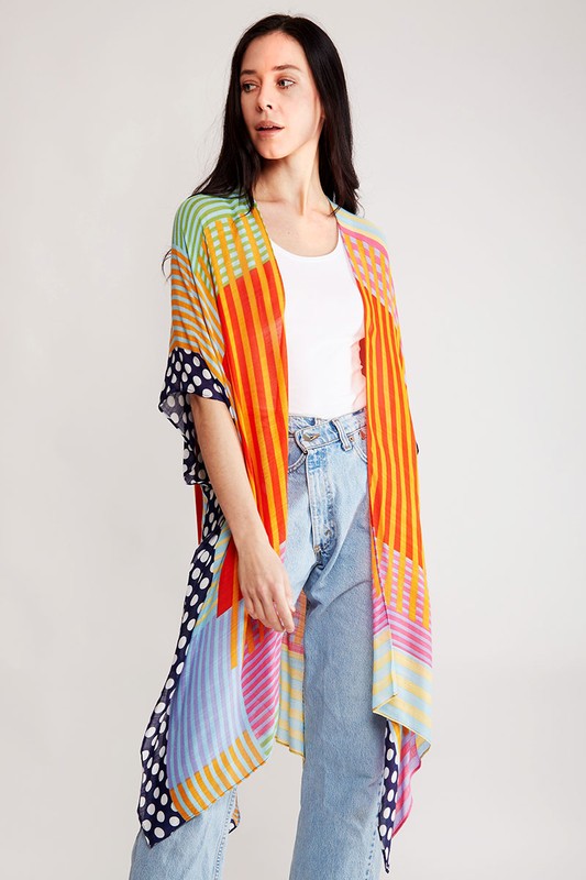 Women's Stripe & Polka Dots Print Cover Up Kimono