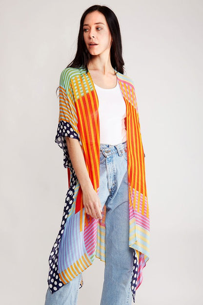 Women's Stripe & Polka Dots Print Cover Up Kimono