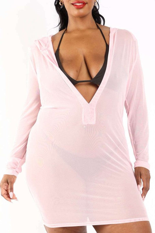 Deep V Hooded mesh cover up dress