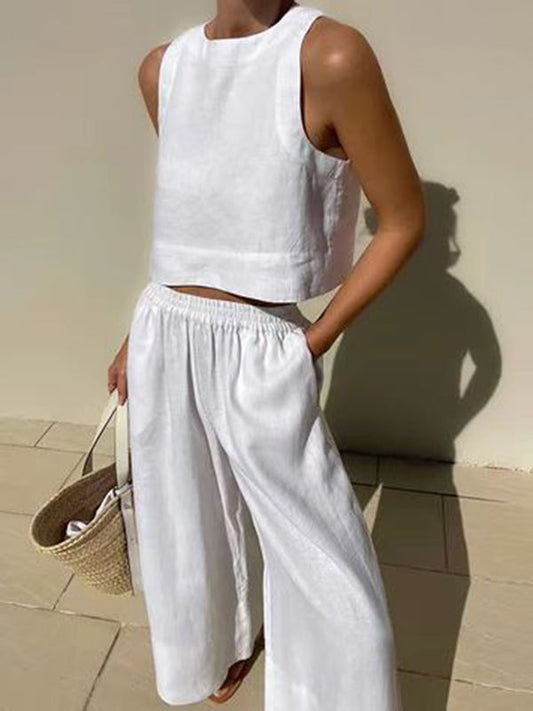 Solid Color Round-Neck Sleeveless Vest + Elasticity Wide Leg Pants Two Pieces Set by migunica