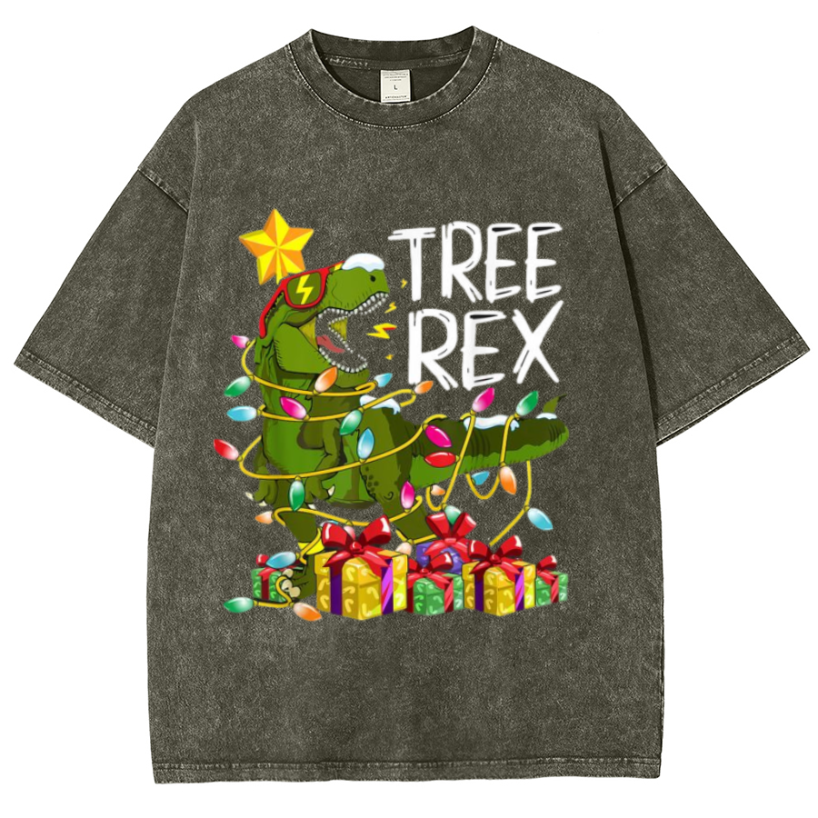 Tree Rex Unisex Oversized Print Vintage Wash Denim T-Shirt by migunica