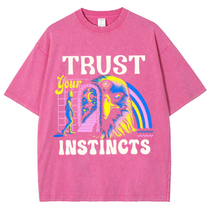 Trust Instincts Unisex Oversized Print Vintage Wash Denim T-Shirt by migunica