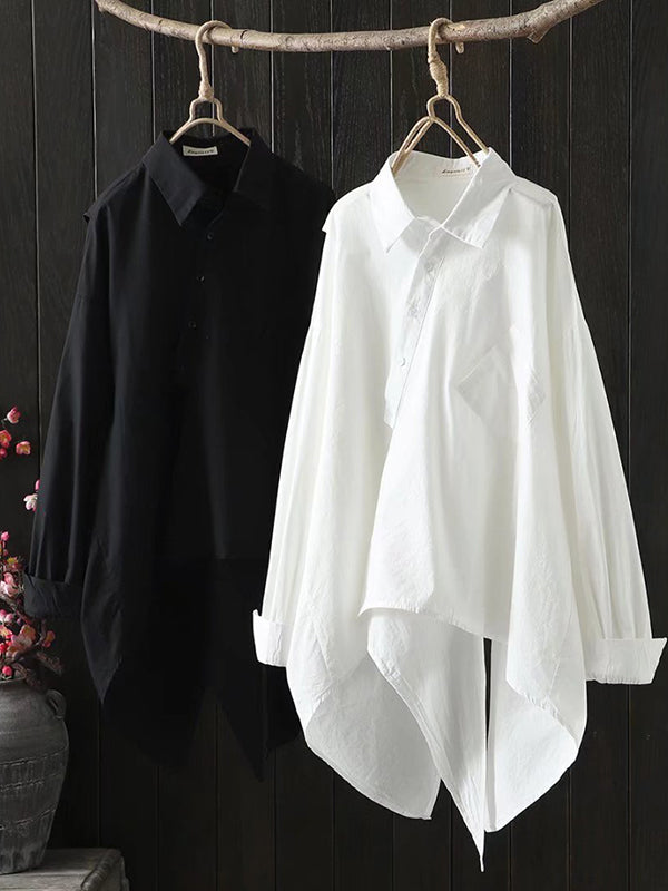 Urban Loose Black White Long Sleeves Irregular Blouse by migunica