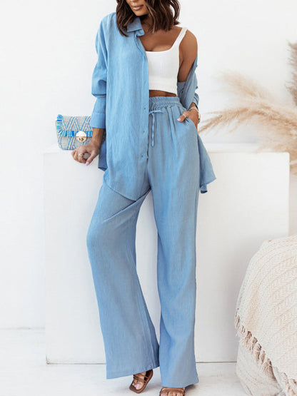 Solid Color High-Low Long Sleeves Lapel Blouses + Drawstring Pants Two Pieces Set by migunica