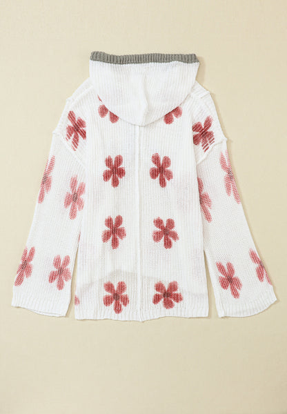 Drawstring Flower Hooded Knit Top