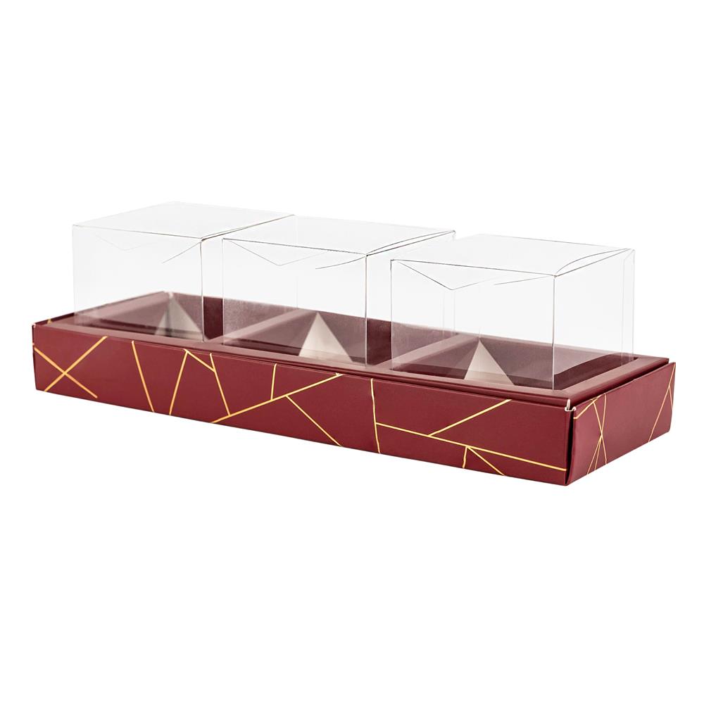 3 Square Shaped Clear Boxes With Rectangle Tray Maroon 11" X 3.9" X 1.3" Pack of 12 by Hammont