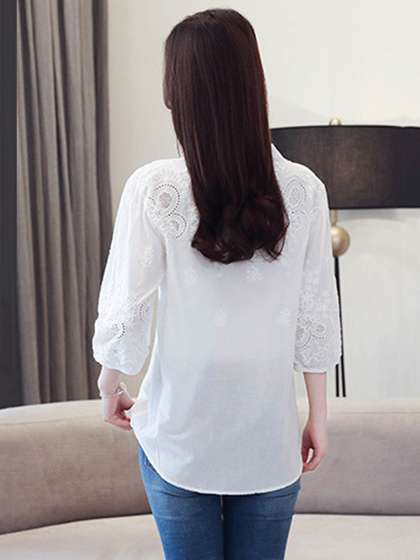 Vintage Half Sleeves Hollow Embroidered White Blouse by migunica