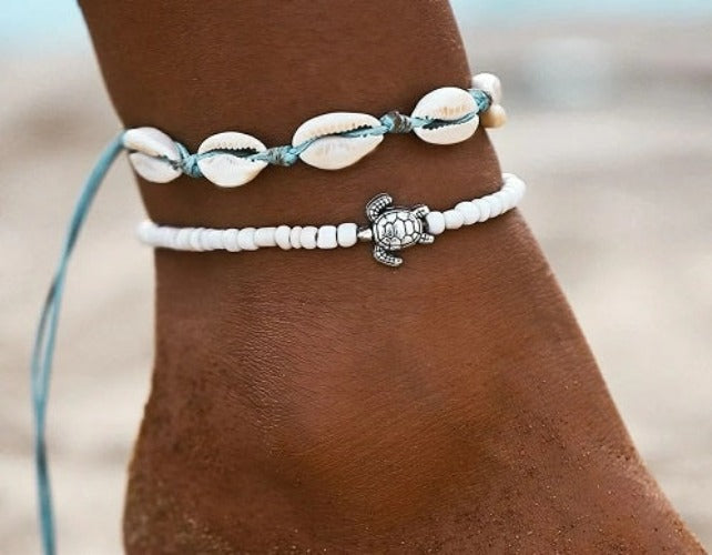 2PCS Boho Turquoise Shell Anklet with White Turtle Bead Ankle Bracelet by Fashion Hut Jewelry