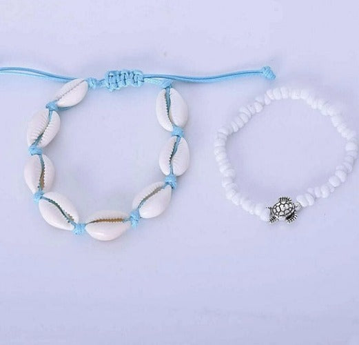 2PCS Boho Turquoise Shell Anklet with White Turtle Bead Ankle Bracelet by Fashion Hut Jewelry