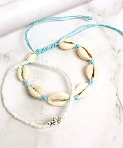 2PCS Boho Turquoise Shell Anklet with White Turtle Bead Ankle Bracelet by Fashion Hut Jewelry