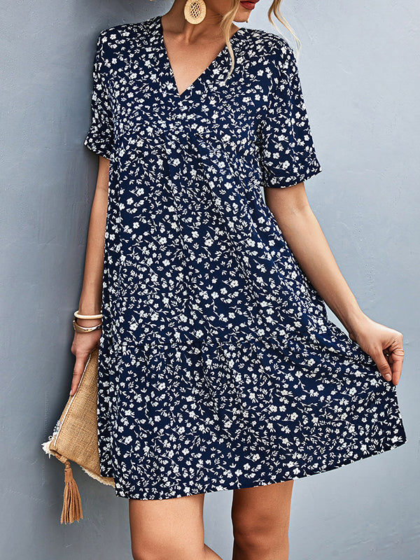 Short Sleeves Flower Print Split-Joint V-Neck Mini Dresses by migunica