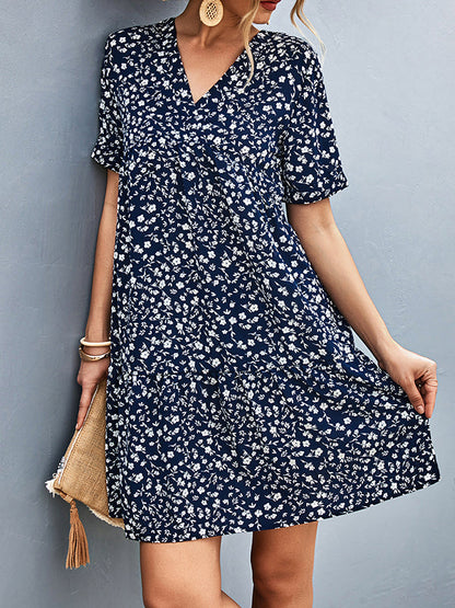 Short Sleeves Flower Print Split-Joint V-Neck Mini Dresses by migunica