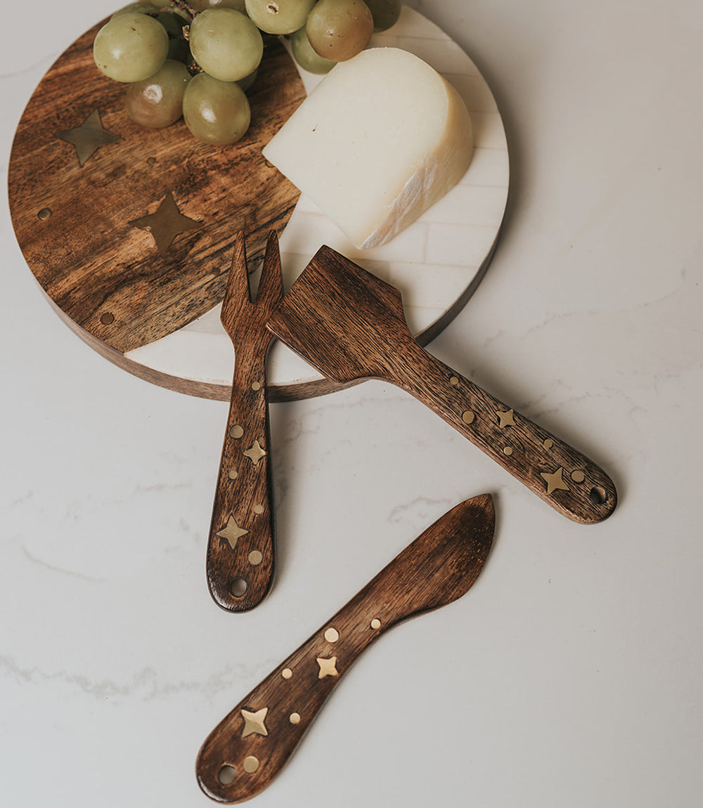 Nakshatra Stars Cheese Knives Set of 3 - Wood, Brass Inlay by Matr Boomie