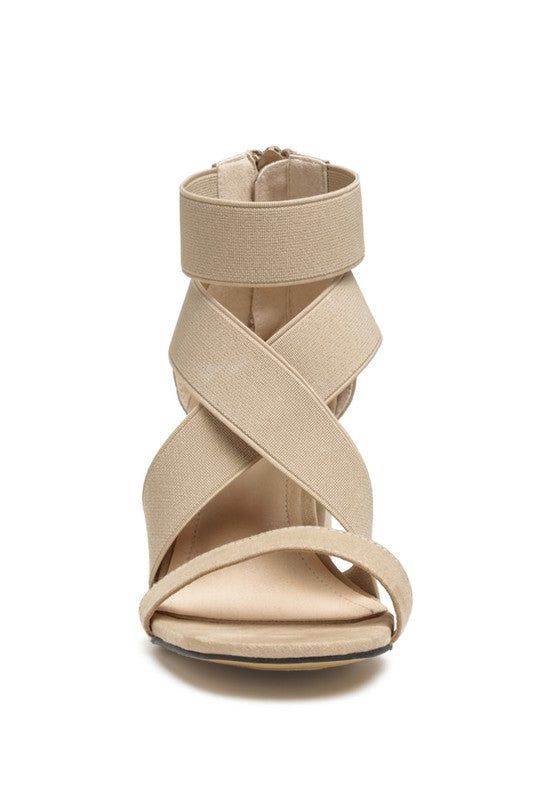 BENICIA ELASTIC STRAPPY BLOCK HEEL SANDALS