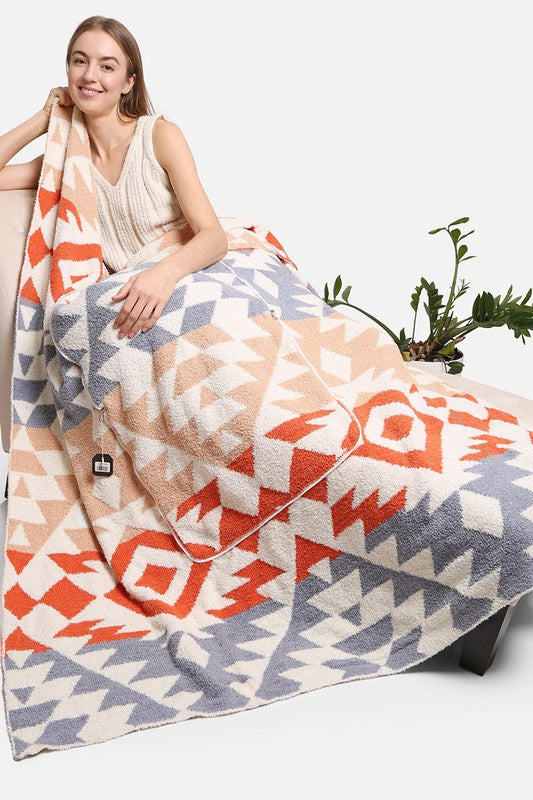 2 In 1 Boho Tribal Print Throw Blanket & Pillow